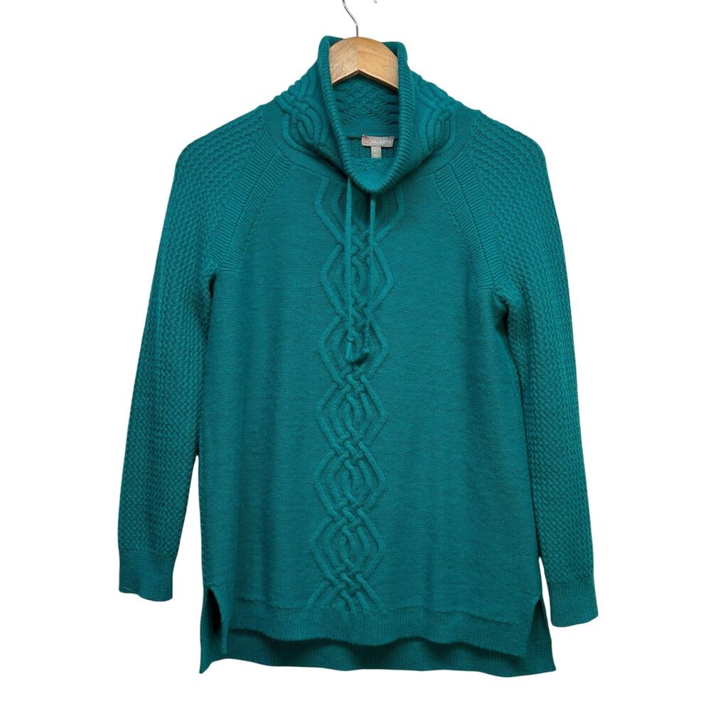 Talbots Fishermans Sweater Blue Green Cable Knit Wool Cowl Sweater Size S